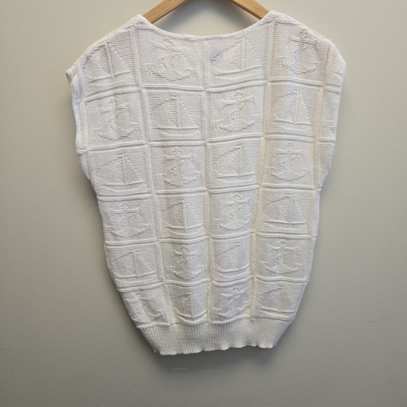 Large Vintage Sailboat Anchor Nautical White Knit Sleeveless Sweater - Picture 5 of 6